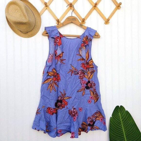 Free People Summer in Tulum Tunic Top Size S Blue Floral Linen Blend Flutter - Picture 2 of 9